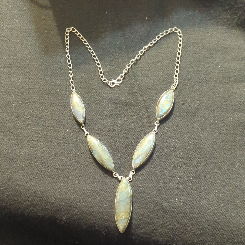 Silver Plated Blue Flash Grey Labradorite Gemstone Y Shape Statement Necklace